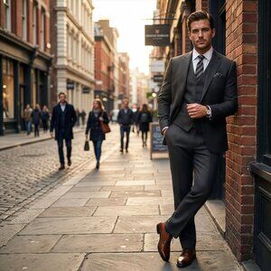 New 2026 Mens 3pc Charcoal Solid Textured Suit Set, Modern Fit